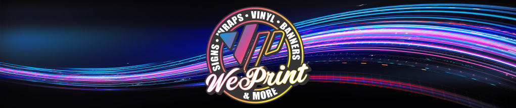 Logo of WePrint Signs & Wraps on a vibrant background with colorful light streaks, showcasing services like signs, wraps, and banners.